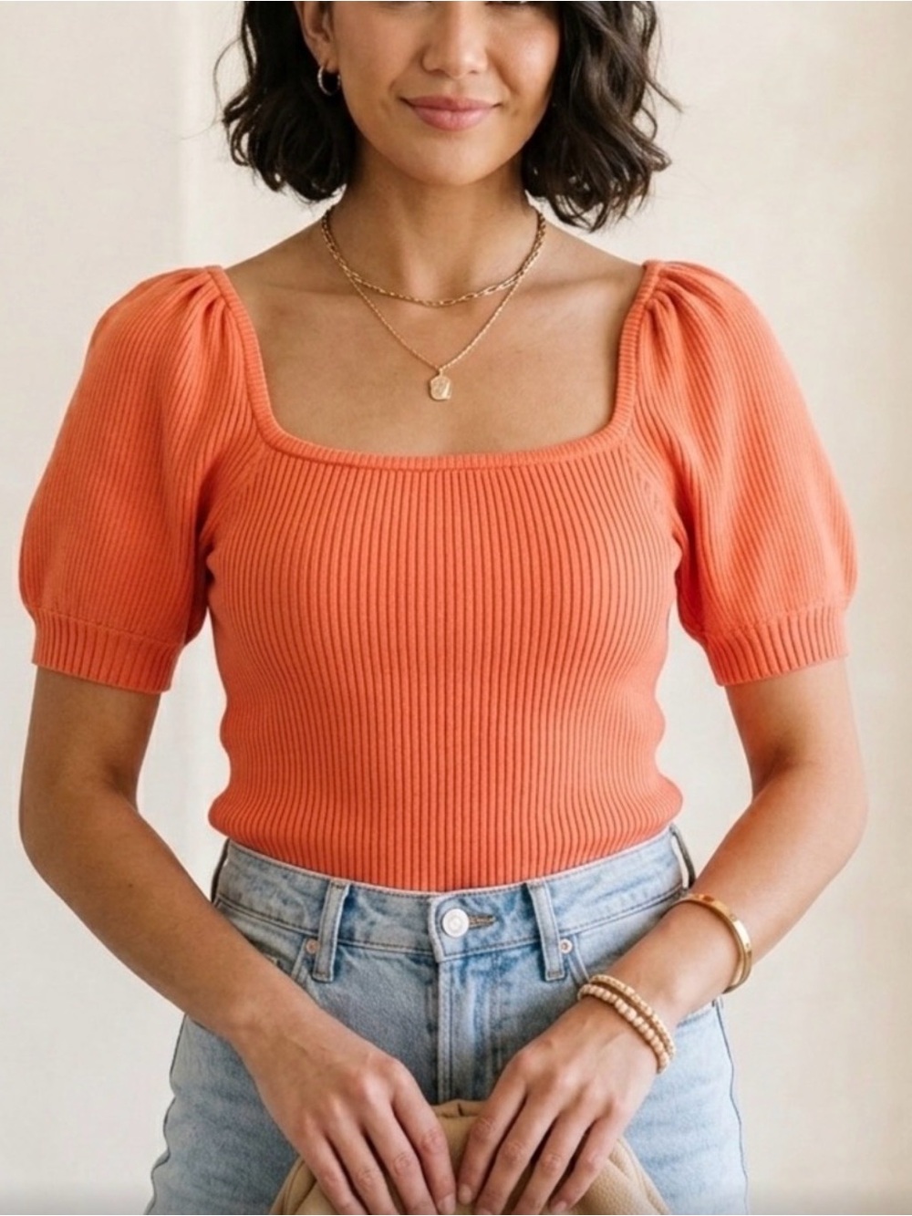 Square Neck Ribbed Puff-Sleeve Top — Orange